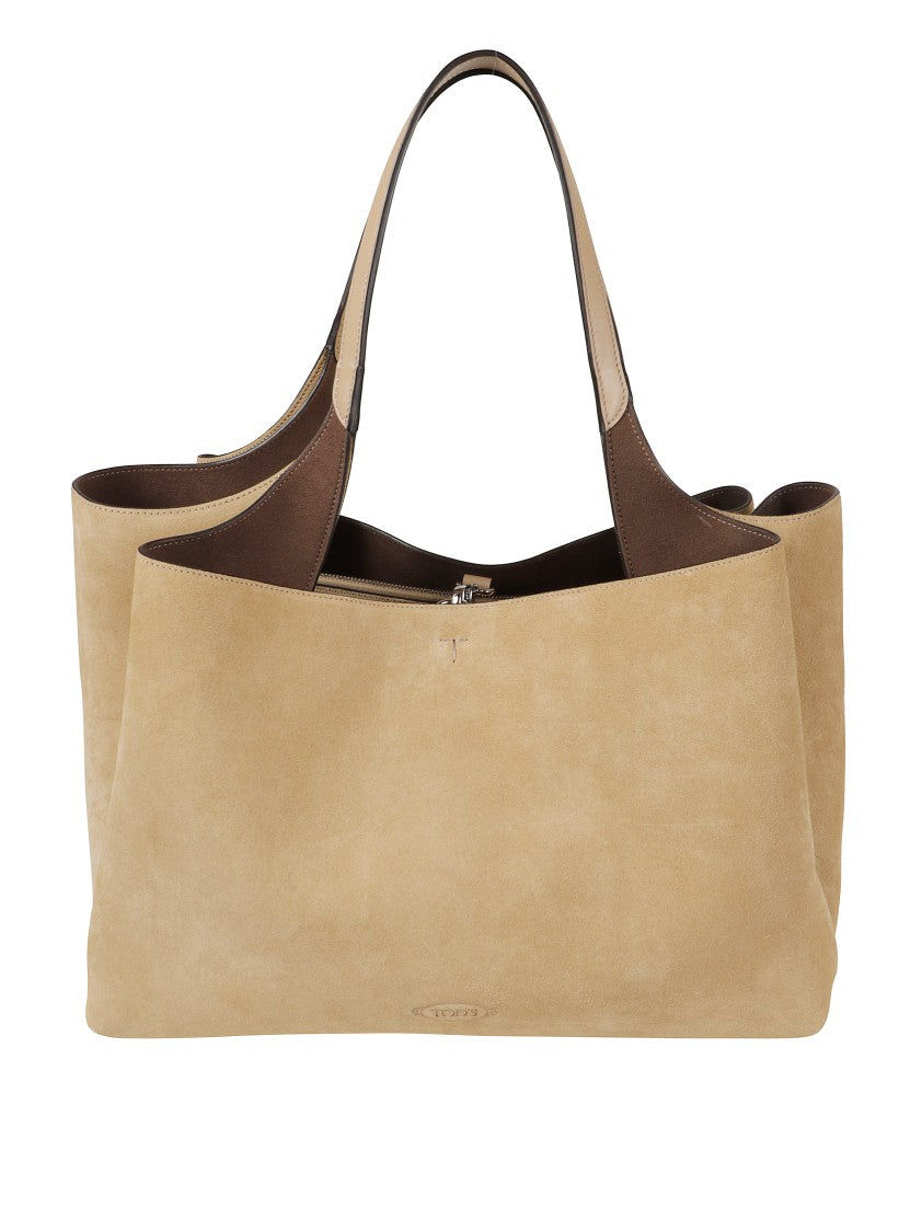 Tod's Spacious Beige Suede Tote Bag With Contrasting Handles