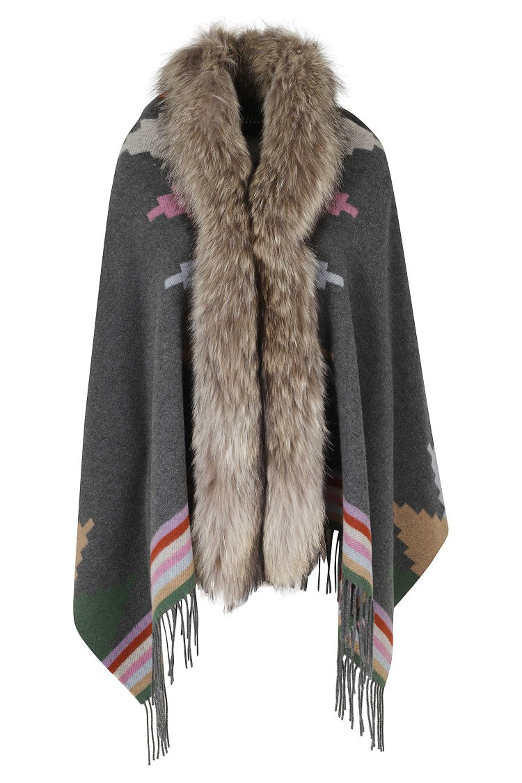 Bazar Deluxe Gray Geometric Print Faux Fur Neckline Wool Poncho