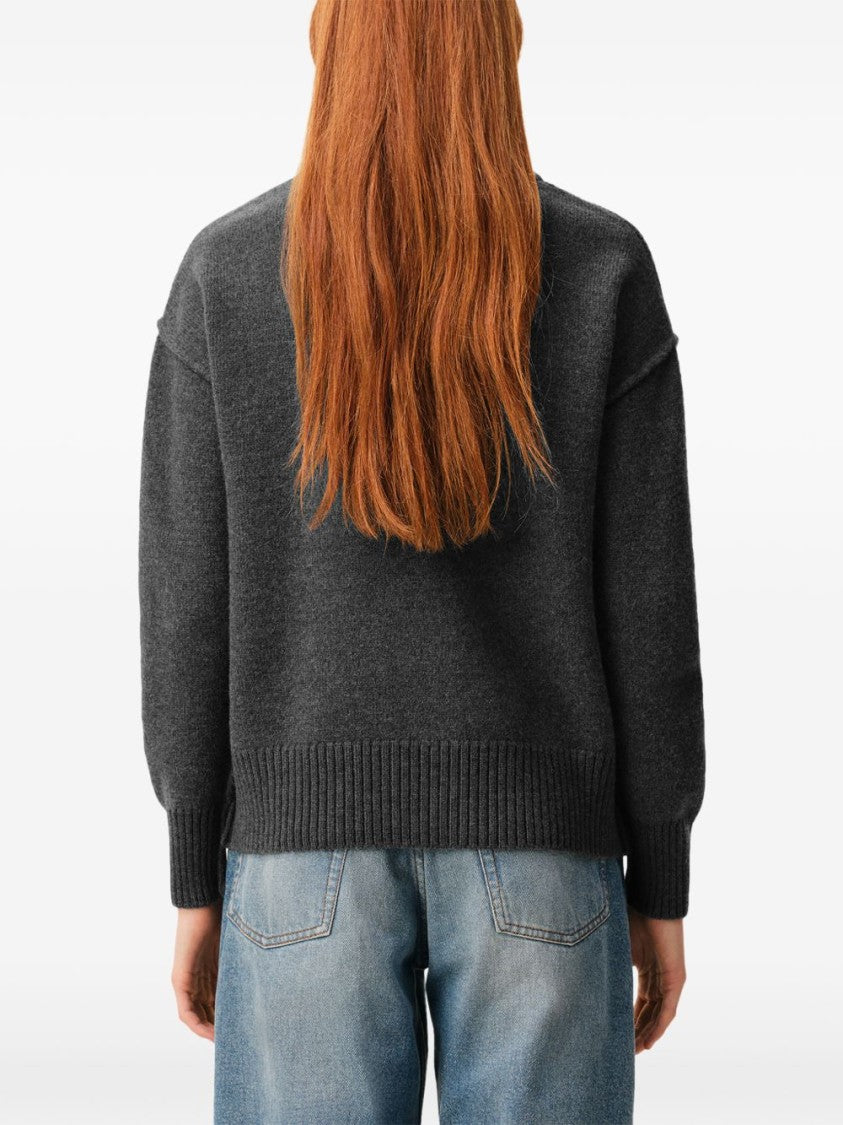 Ami Paris Dark Grey Cardigan Sweater With Iconic Heart Embroidery