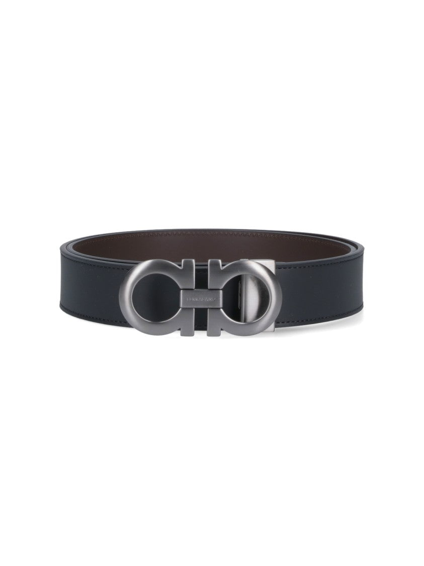 Ferragamo Reversible Leather Belt With Distinctive Silver Buckle