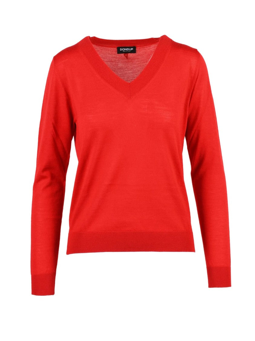Dondup V-Neck Pullover In 100% Wool With Vibrant Red Tone