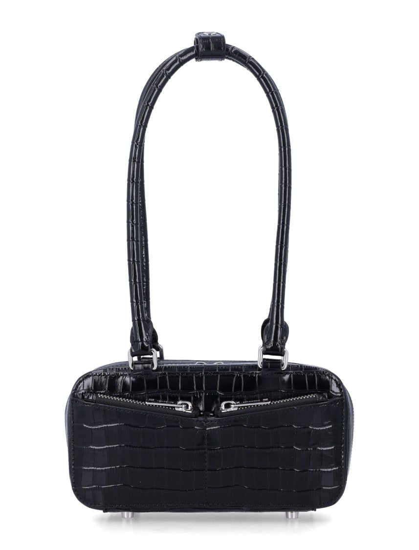 Self-Portrait Compact Black Croc Mini Shoulder Bag With Front Zip Pockets