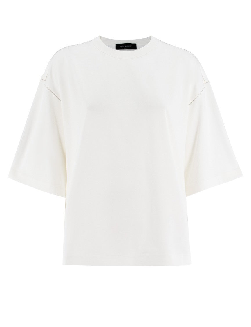 Fabiana Filippi White Cotton Jersey T-Shirt With Diamond Thread Embroidery