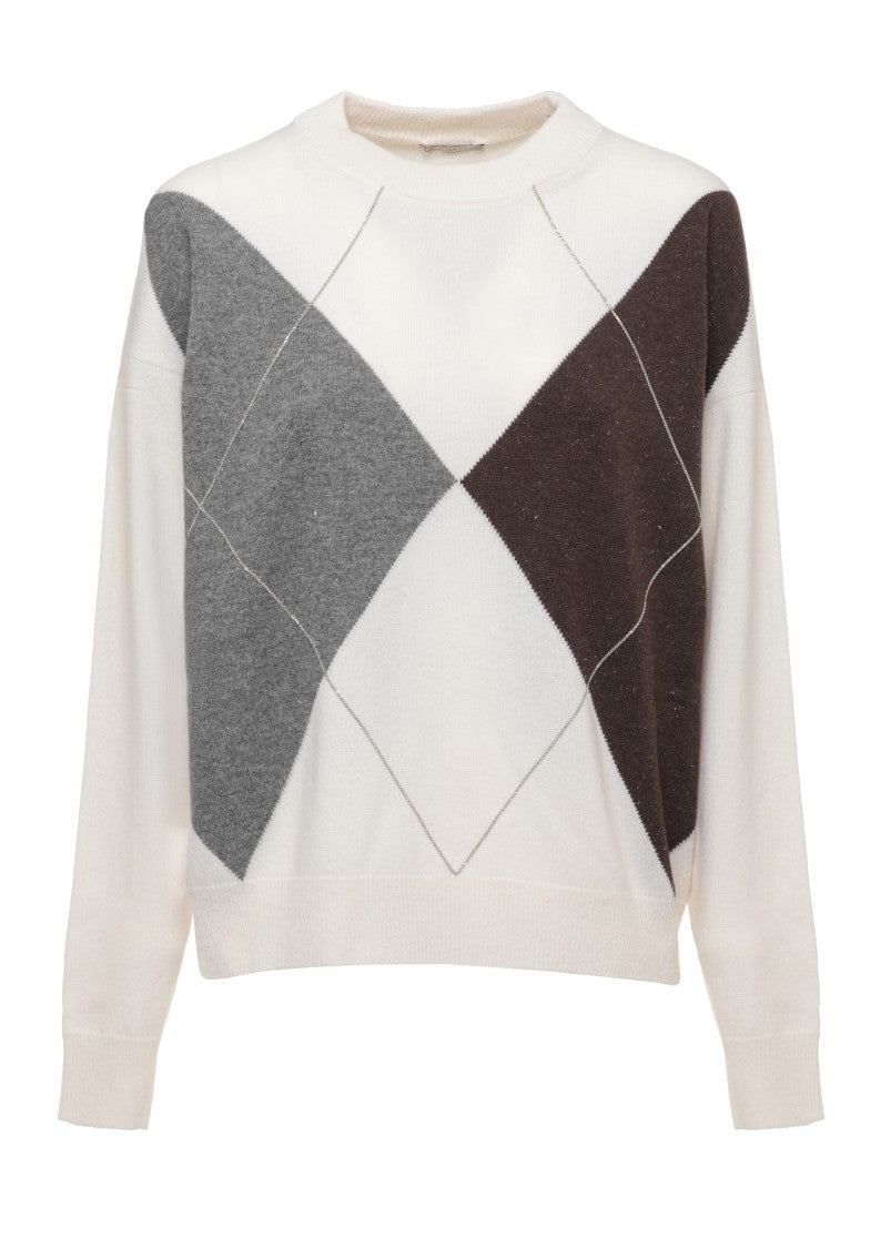 Peserico Wool Blend Sweater With Geometric Pattern And Ribbed Trims