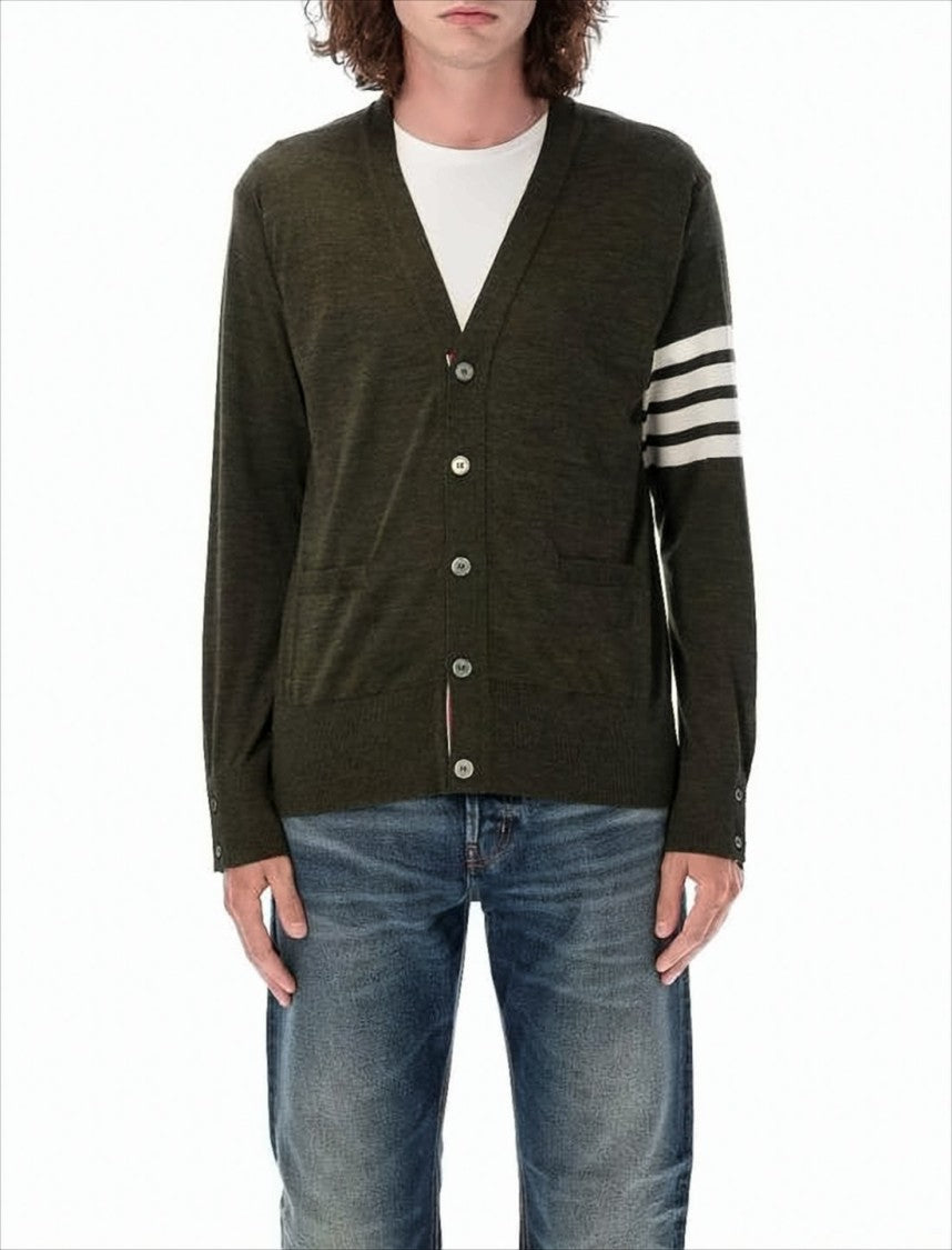 Thom Browne Slim Fit Olive Wool Cardigan With Signature Stripes