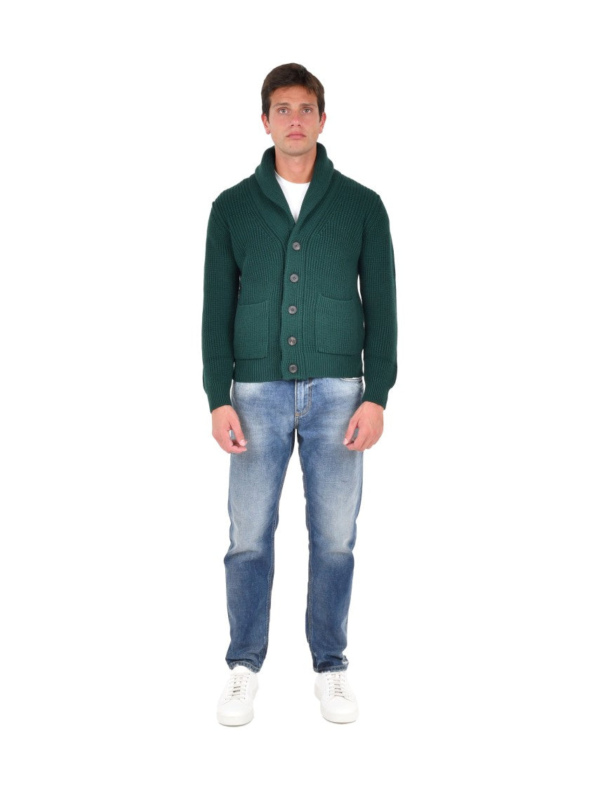 Drumohr Shawl Collar Green Merino Wool Cardigan