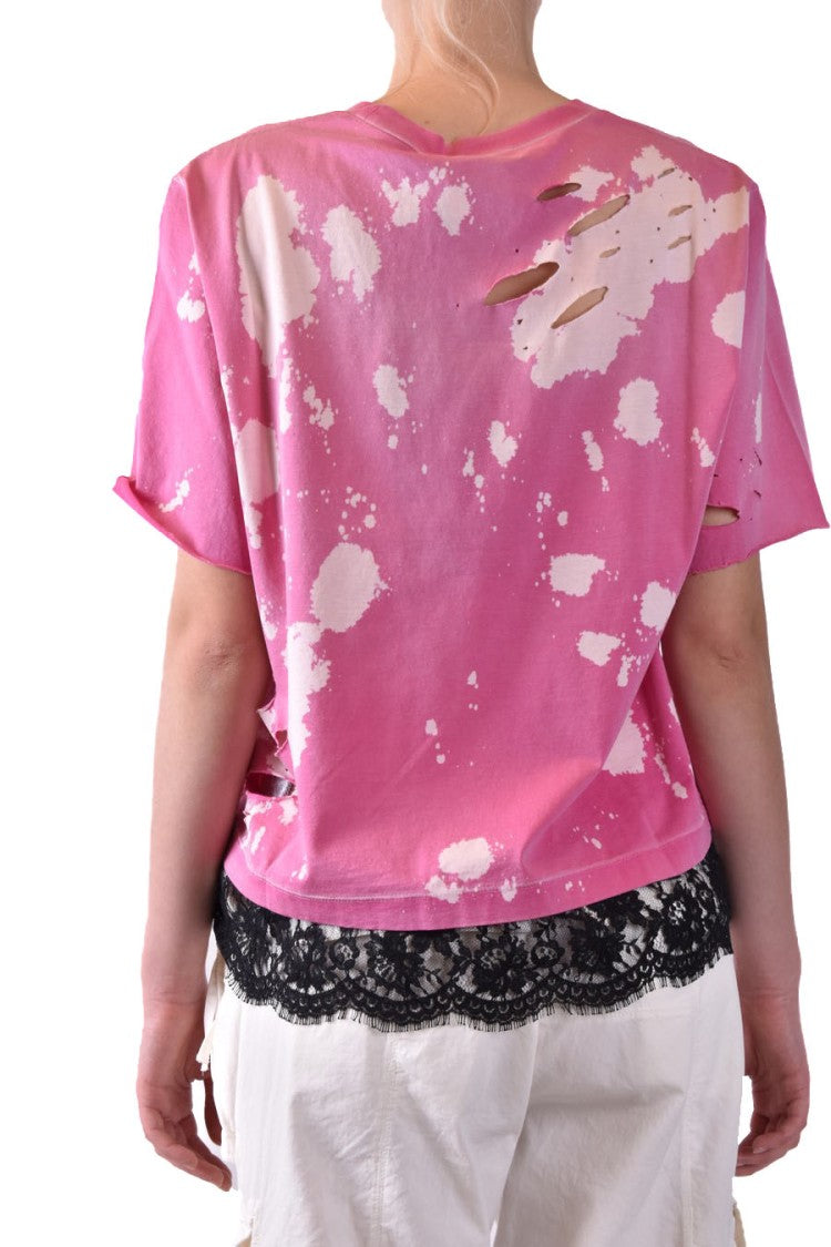 Dsquared2 Fuchsia Worn Effect Logo Print T-Shirt With Laced Hem