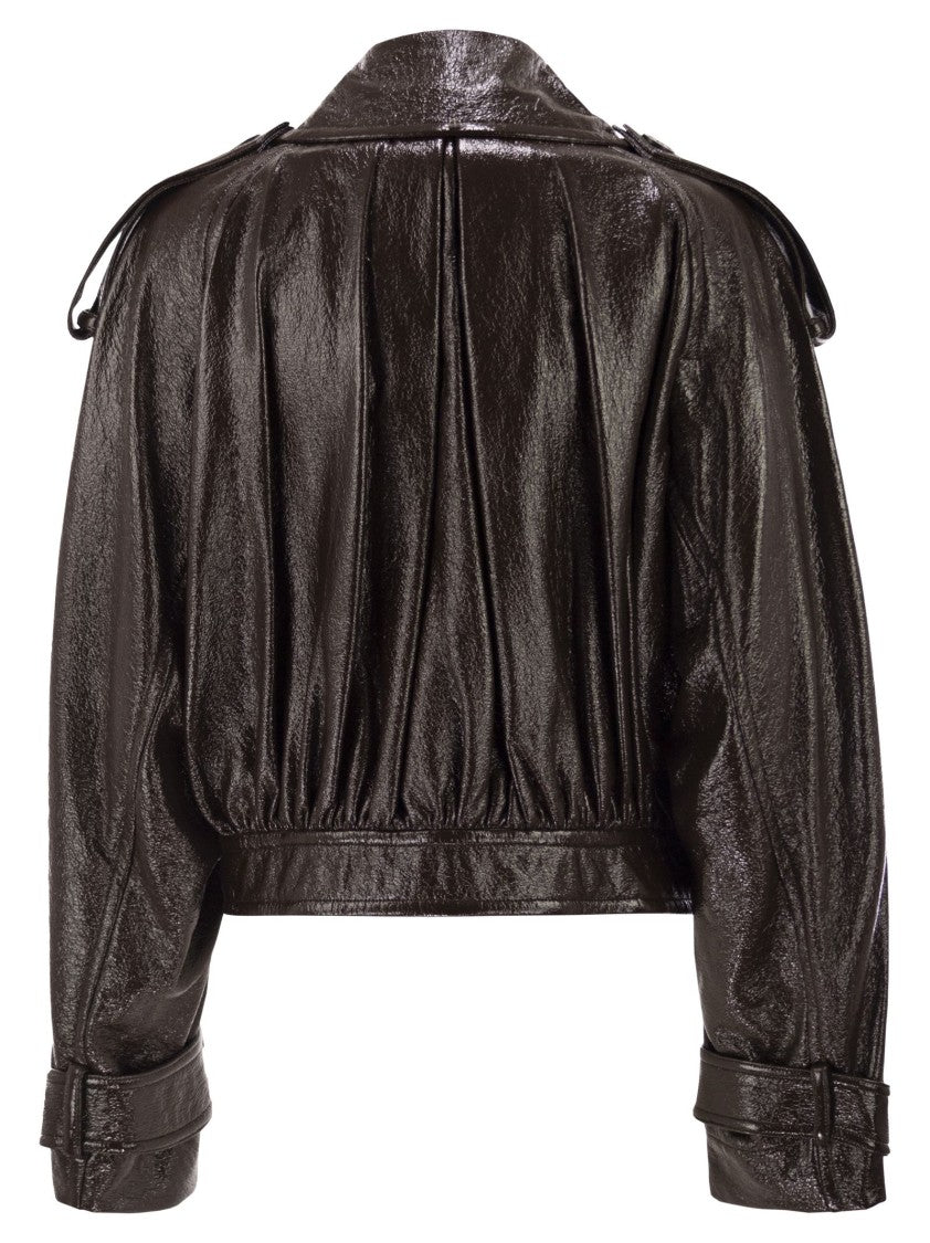 Sportmax Short Trench Coat With Patent Effect And Bomber Inspired Details