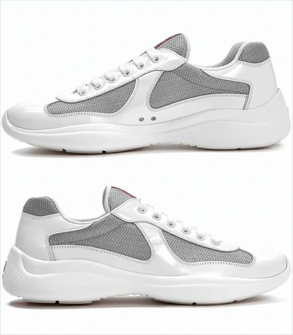 Prada White Leather And Grey Mesh Sneakers