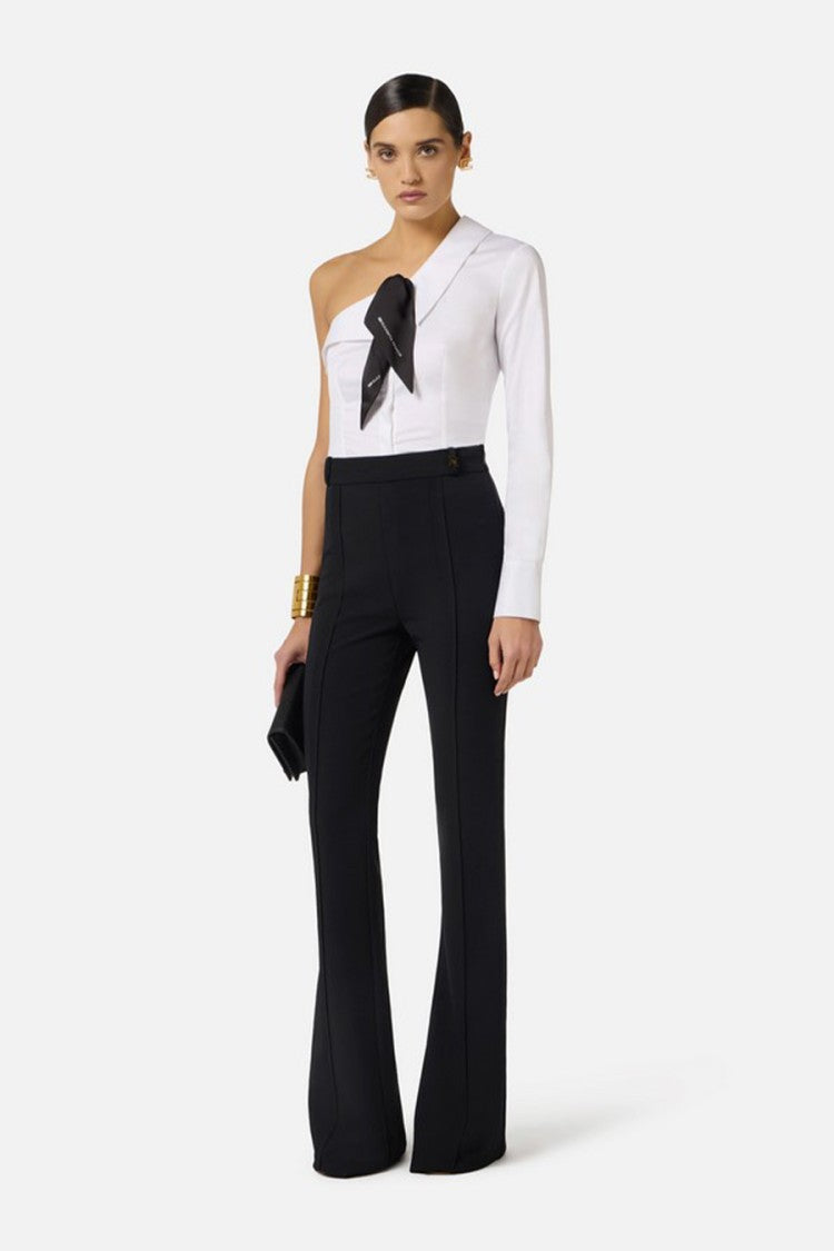 Elisabetta Franchi Black High-Waist Gold Logo Charm Polyester-Blend Flared Pants