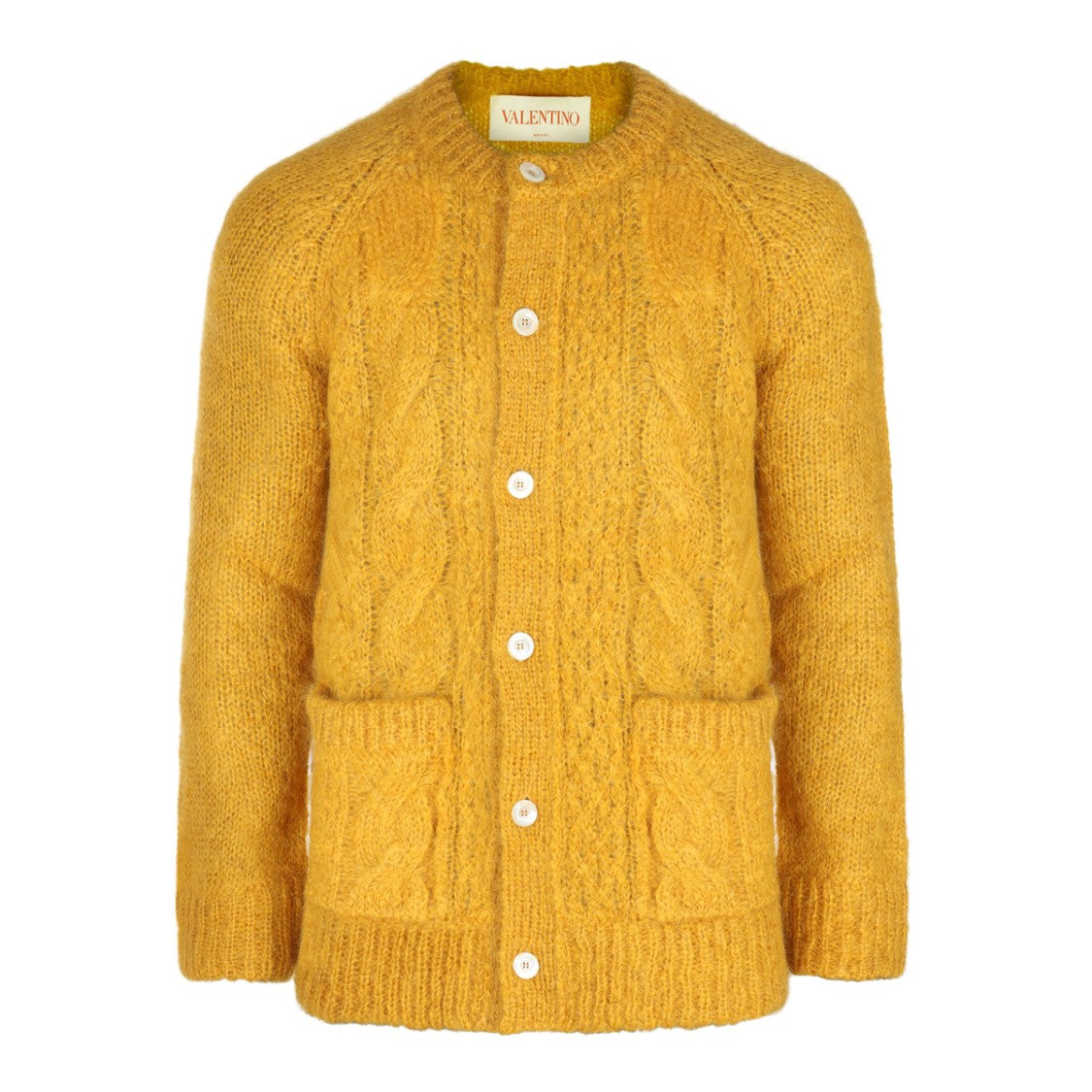 Valentino Yellow Wool Blend Knit Sweater With Textured Cable Knit Design
