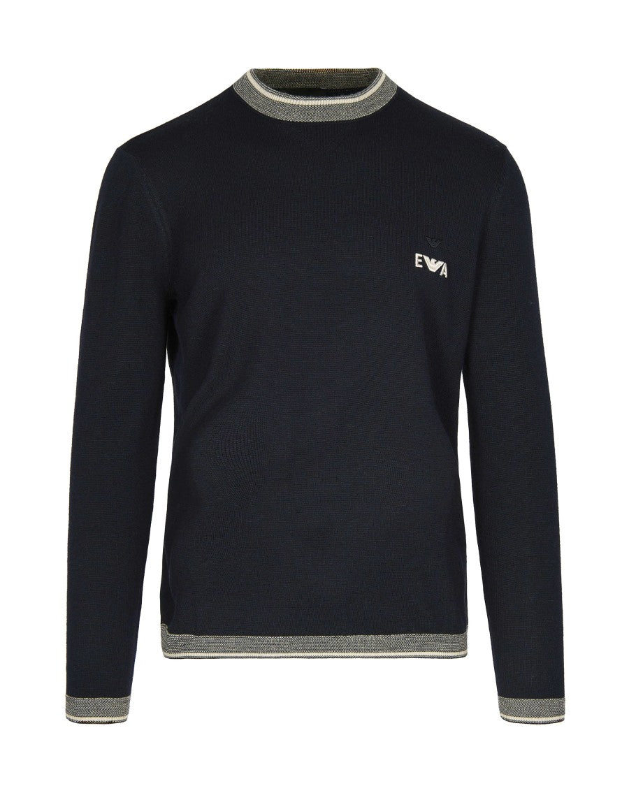 Emporio Armani Navy Blue Virgin Wool Sweater With Logo