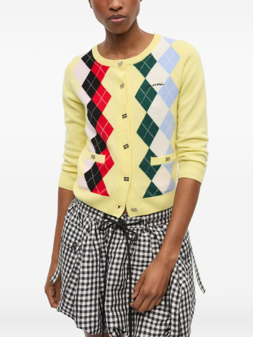 Ganni Multi-Color Check Cardigan With Silver-Tone Button Closure