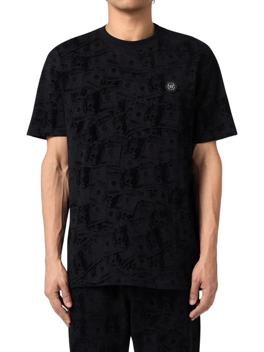 Philipp Plein Black Canvas T-Shirt With Dollar-Bill Print And Logo Plaque