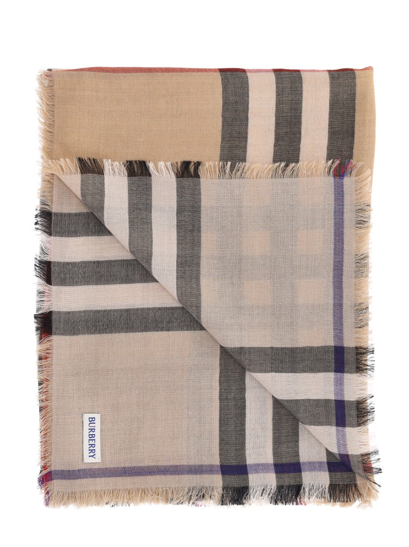 Burberry Beige Check Wool And Silk Scarf With Fringed Edges