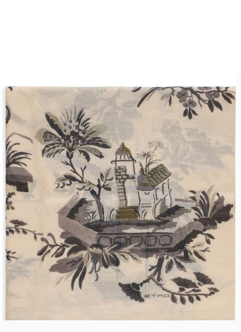 Etro Rectangular Wool Scarf With Botanical And Architectural Print