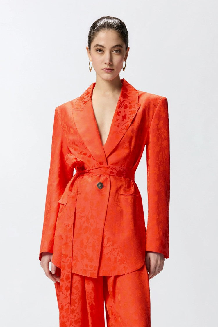 Pinko Orange Viscose-Modal Belted Jacquard Blazer