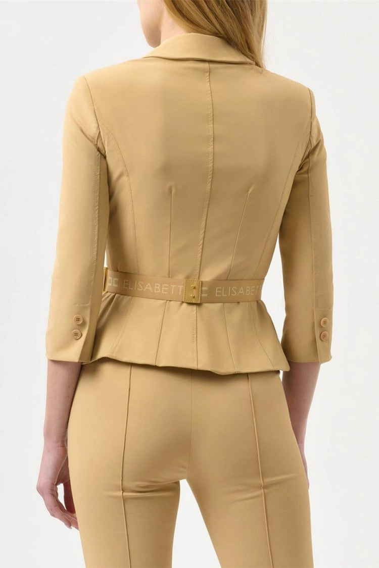 Elisabetta Franchi Camel Belted Double-Breasted Polyamide-Blend Jacket