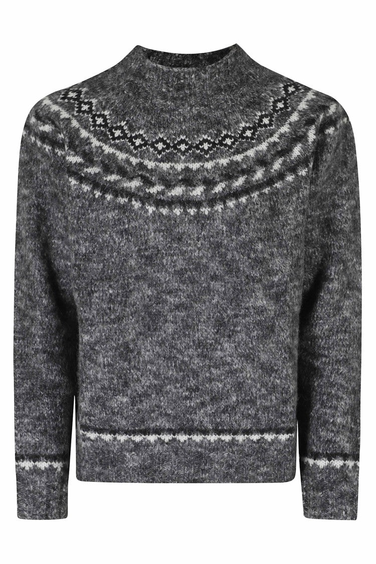 Seventy Gray Mouline Knit Patterned Yoke Alpaca-Blend Sweater
