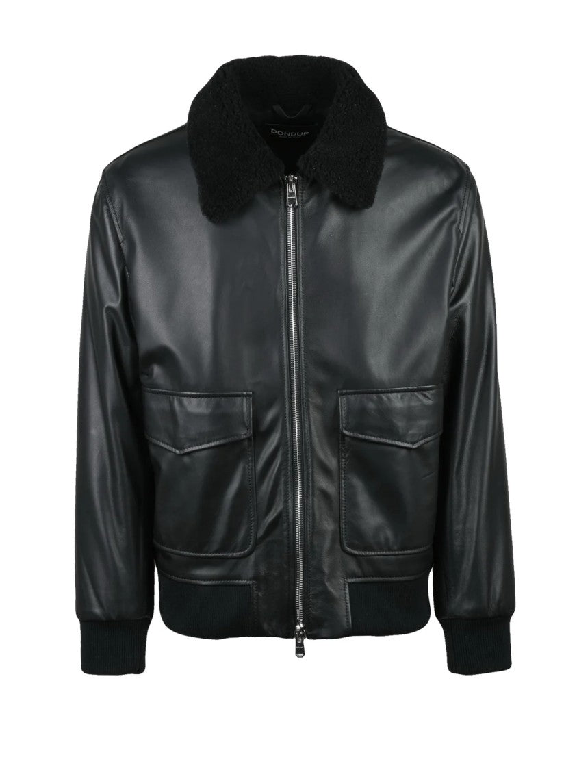 Dondup Black Leather Bomber Jacket With Plush Collar And Ribbed Cuffs