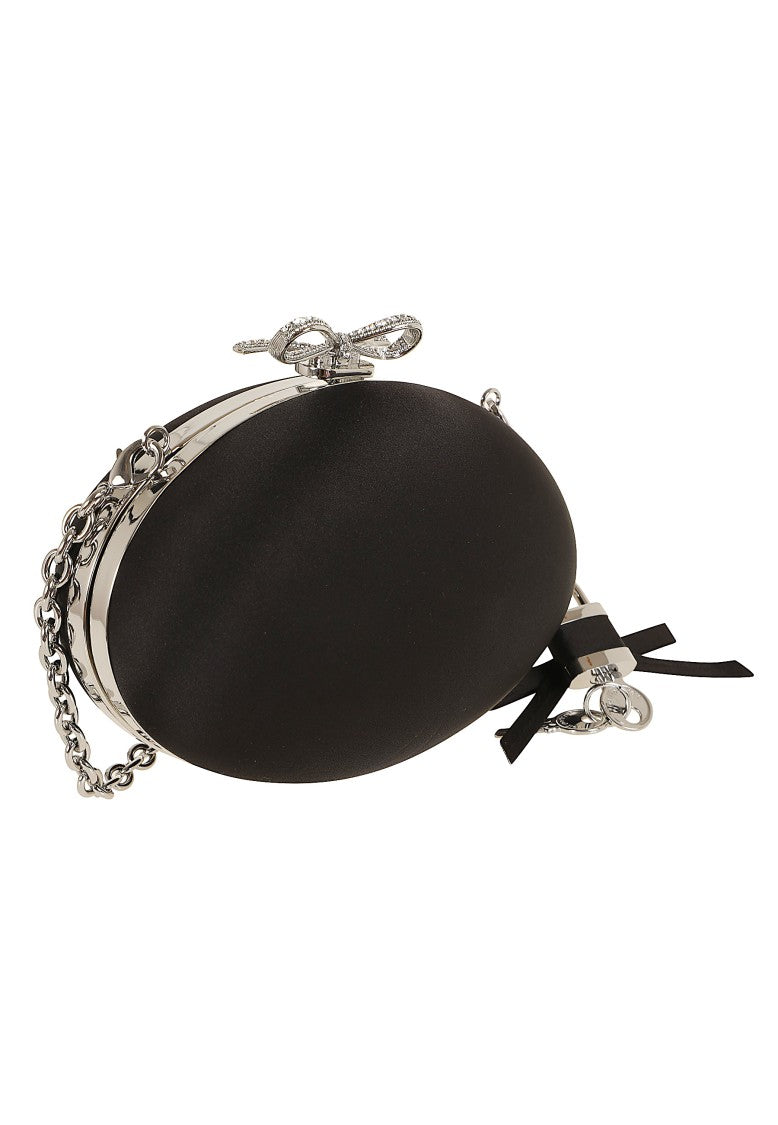 Self-Portrait Black Satin Oval Crystal Bow Snap Clutch