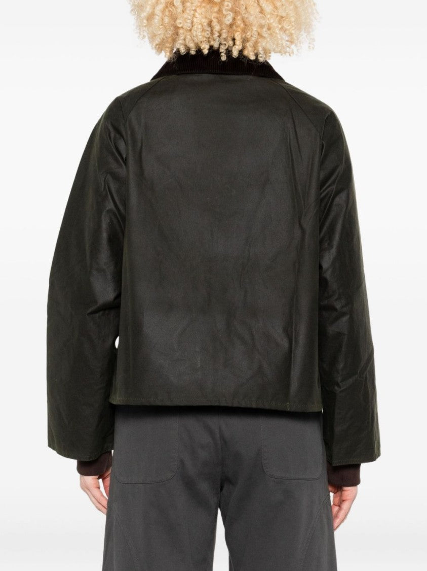 Barbour Cropped Dark Green Jacket With Corduroy Collar