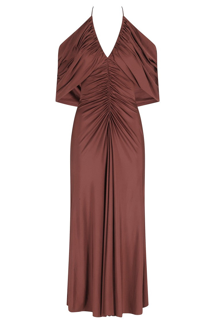 Self-Portrait Brown Jersey Drape V-Neck Viscose-Blend Midi Dress