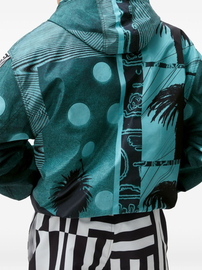 Versace Teal Abstract Palm Tree Print Zip Jacket