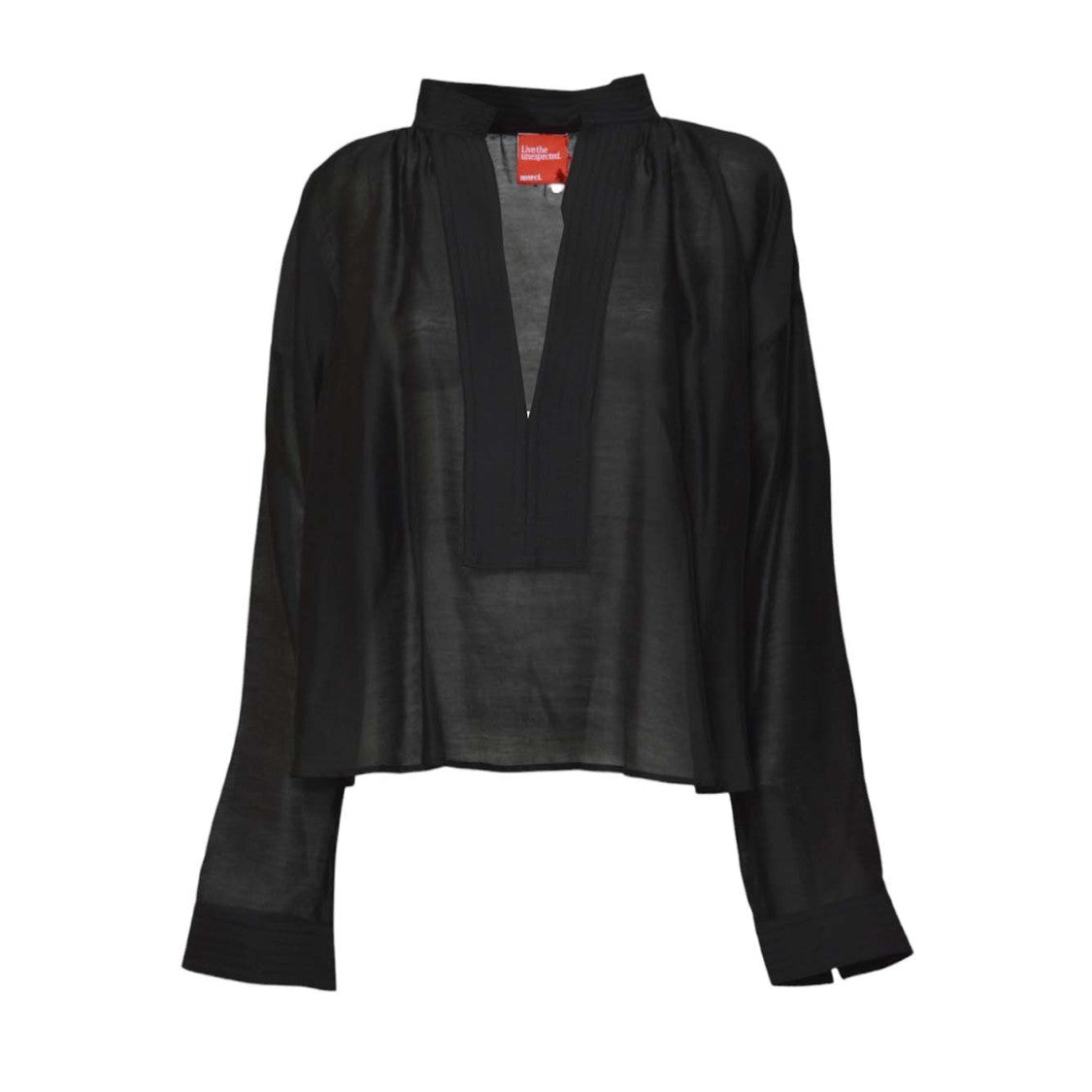 Merci Loose-Fit Black Blouse With Deep V-Neckline And Wide Placket