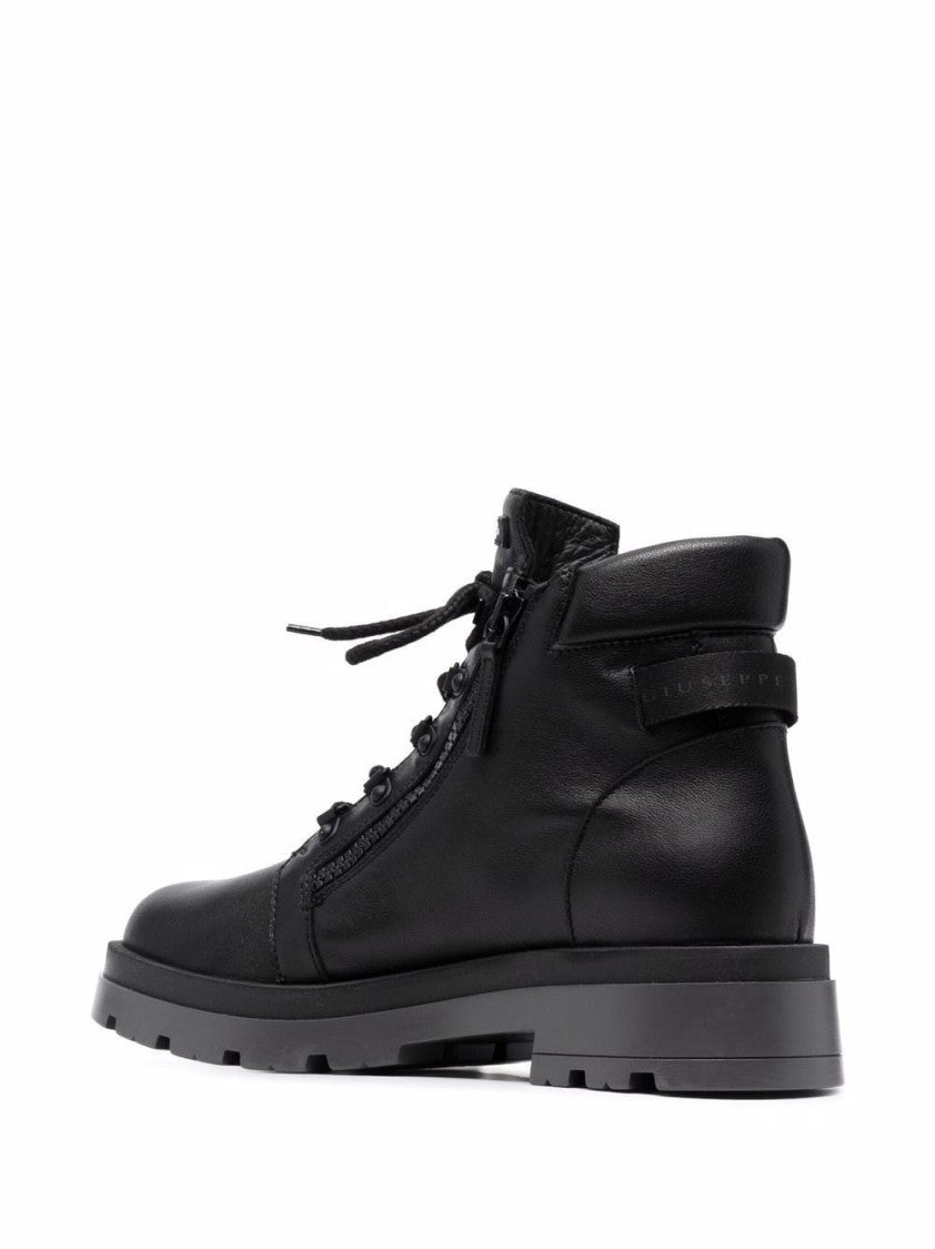 Giuseppe Zanotti Black Leather Ankle Boots With Lace-Up Front And Side Zipper Detail