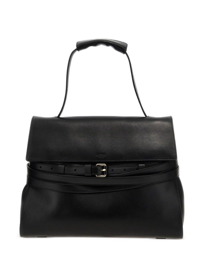 Moschino Black Structured Flap Belt Silk Bag