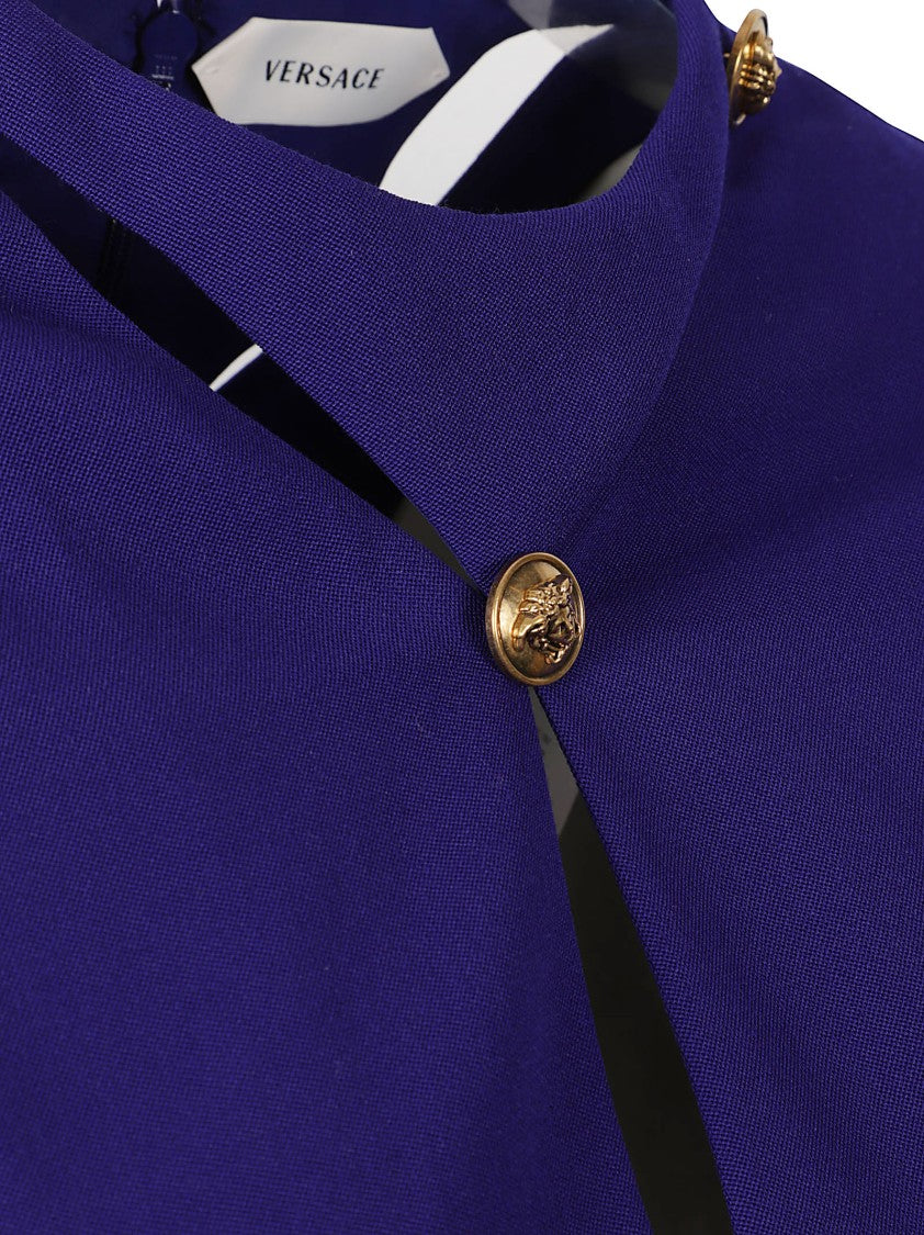 Versace Structured Mini Dress With Keyhole Cutout And Gold Accents