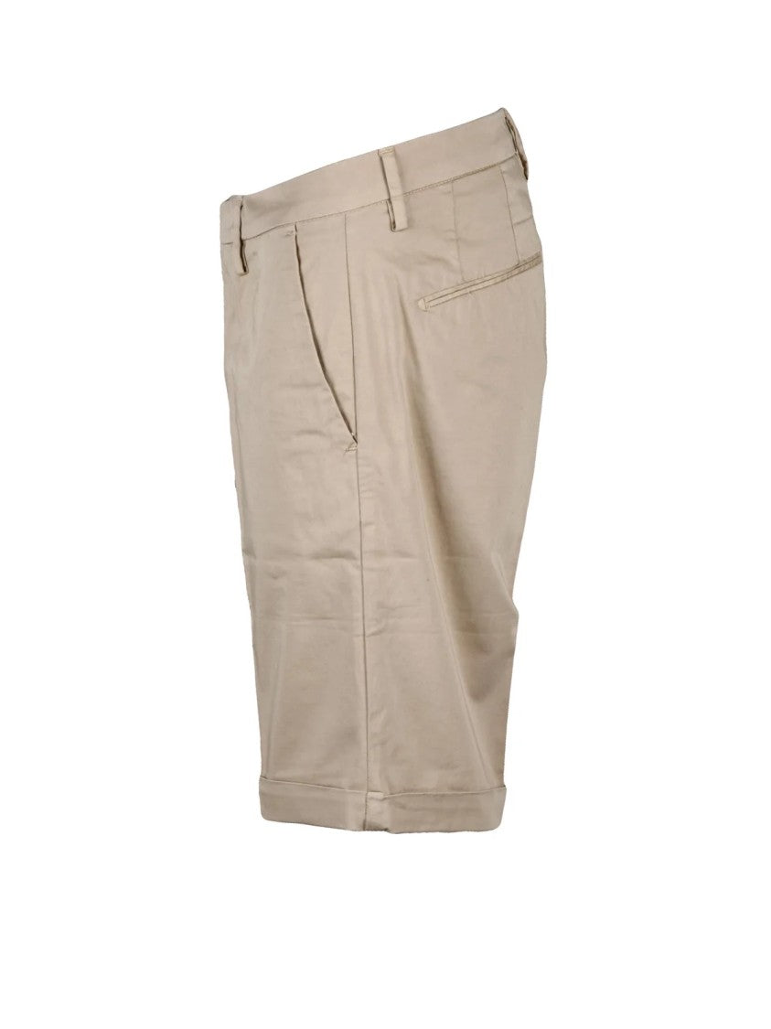 Bro Ship Beige Flat Waist Cuffed Hem Stretch Cotton Shorts