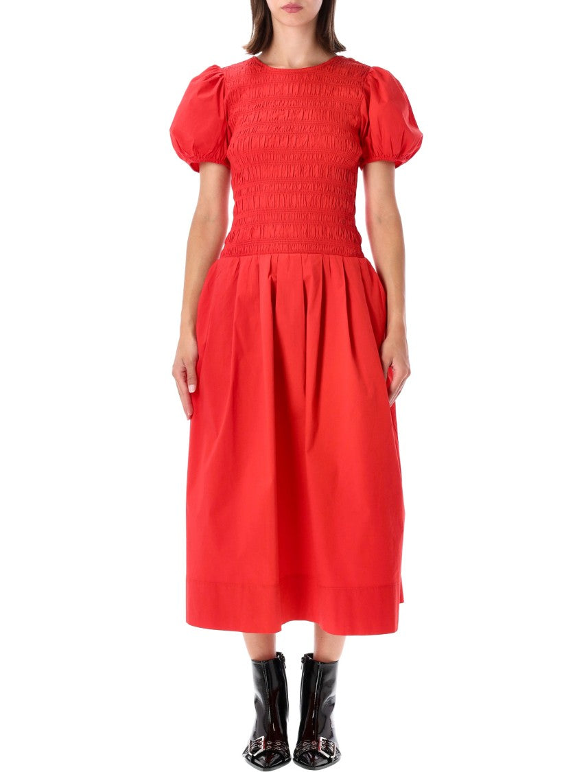 Ganni Midi Dress With Smocked Bodice And Pleated Skirt