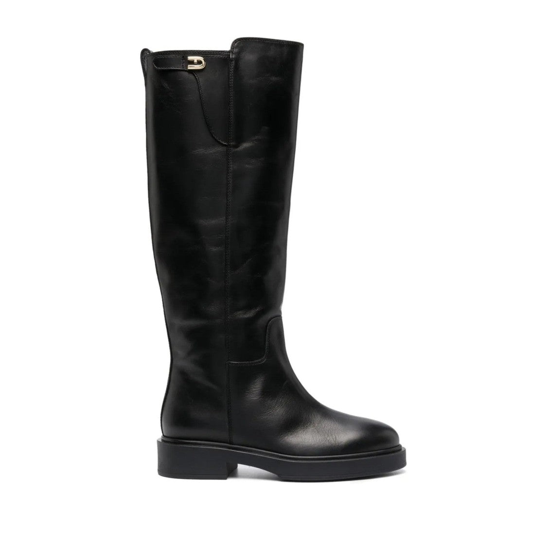 Furla Black Legacy Tall Smooth Finish Buckle Detail Leather Boots