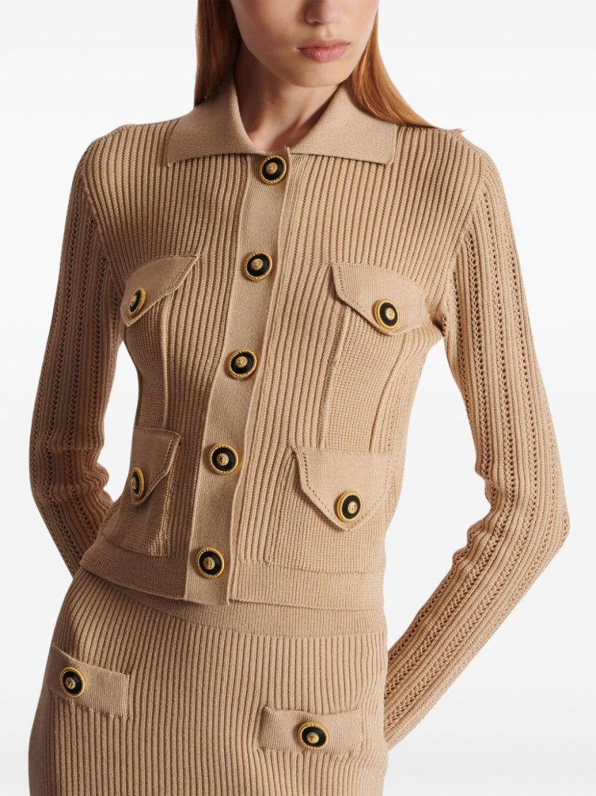 Balmain Cropped Ribbed Knit Sweater With Classic Collar And Button Details