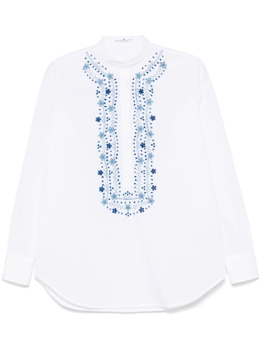 Ermanno Scervino Intricate Blue Floral Embroidered White Shirt