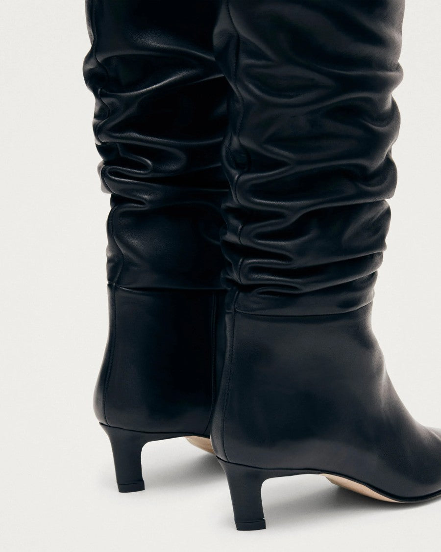 Alohas Knee-High Black Leather Boots With Pointed Square Toe