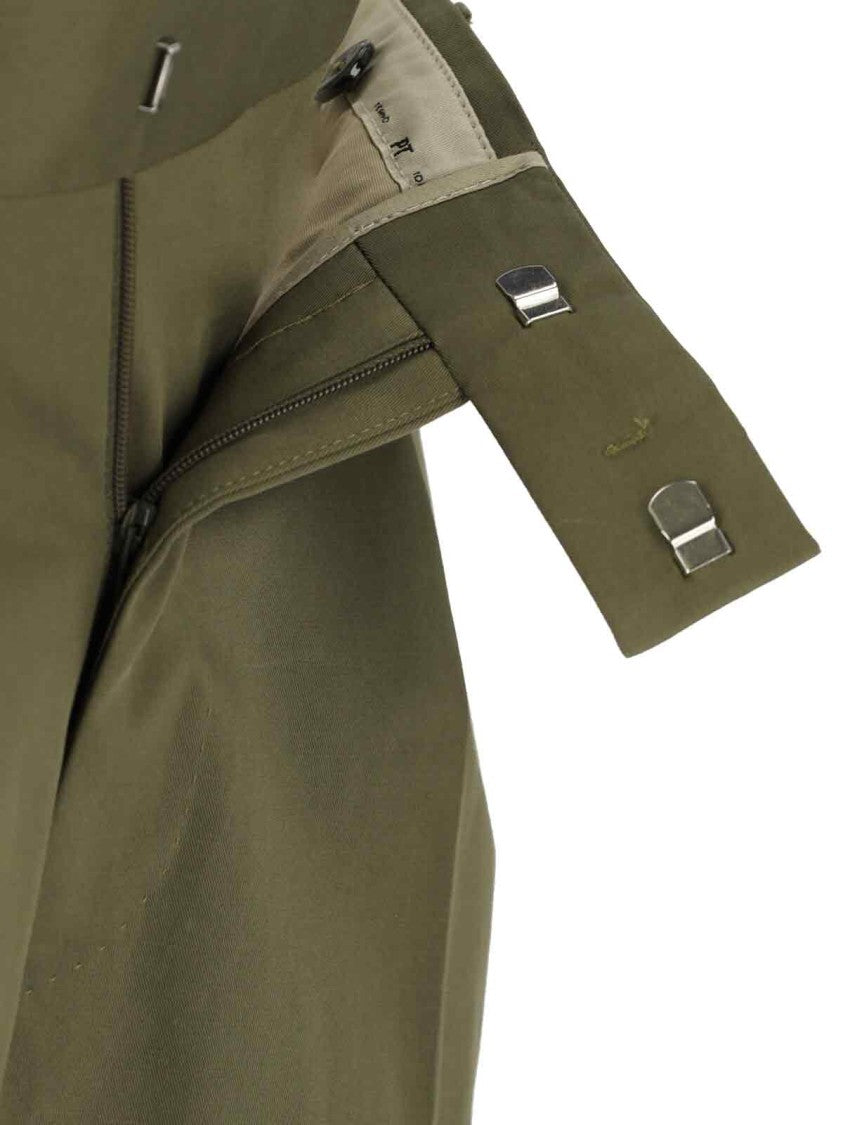 Pt Torino Green Cotton Chinos With Pleats And Cuffed Hem