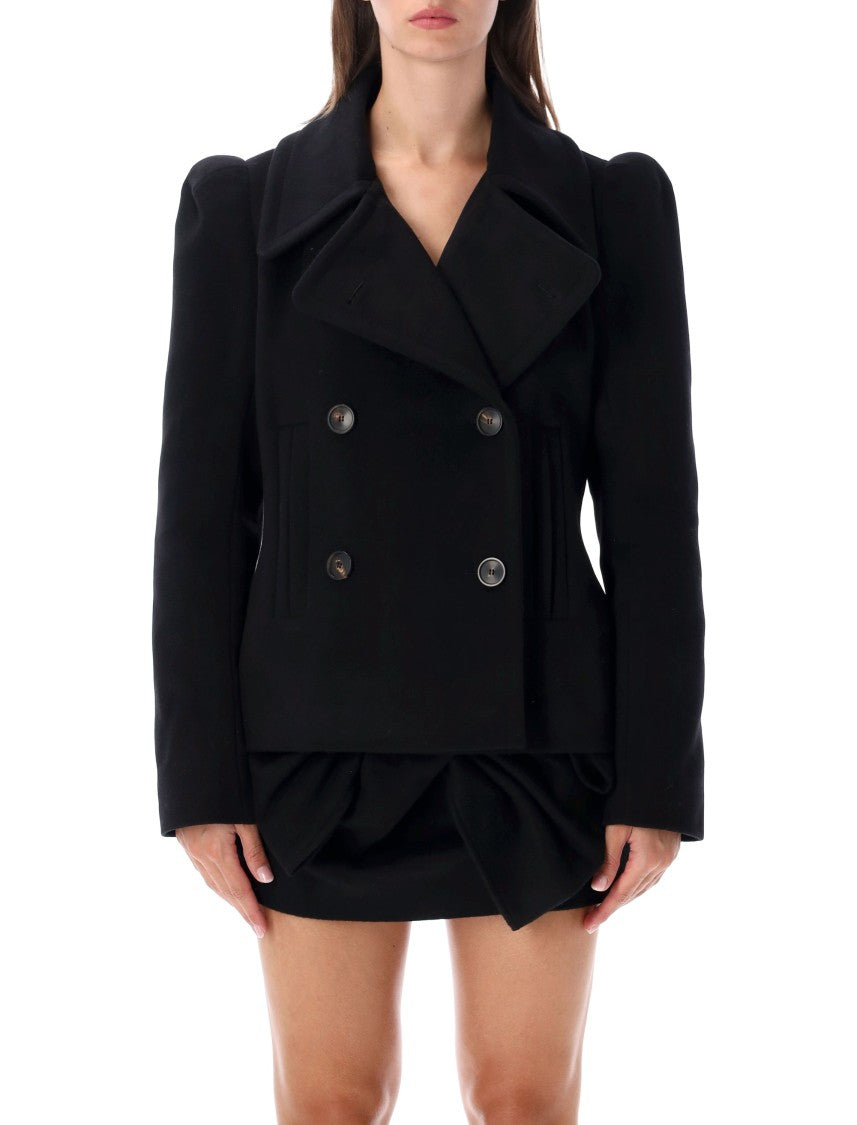 7 For All Mankind Black Mini Coat Double Breasted High Shoulder Mini Coat