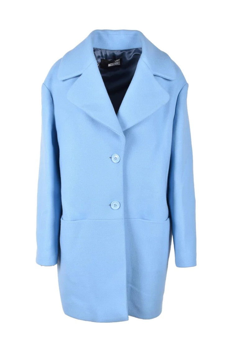 Love Moschino Relaxed Light Blue Coat With Wide Lapel Collar