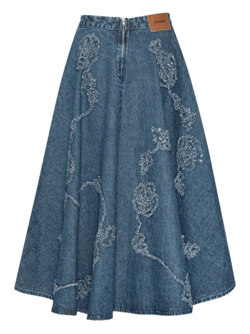 Rotate Flared Blue Midi Skirt With Intricate Floral Embroidery