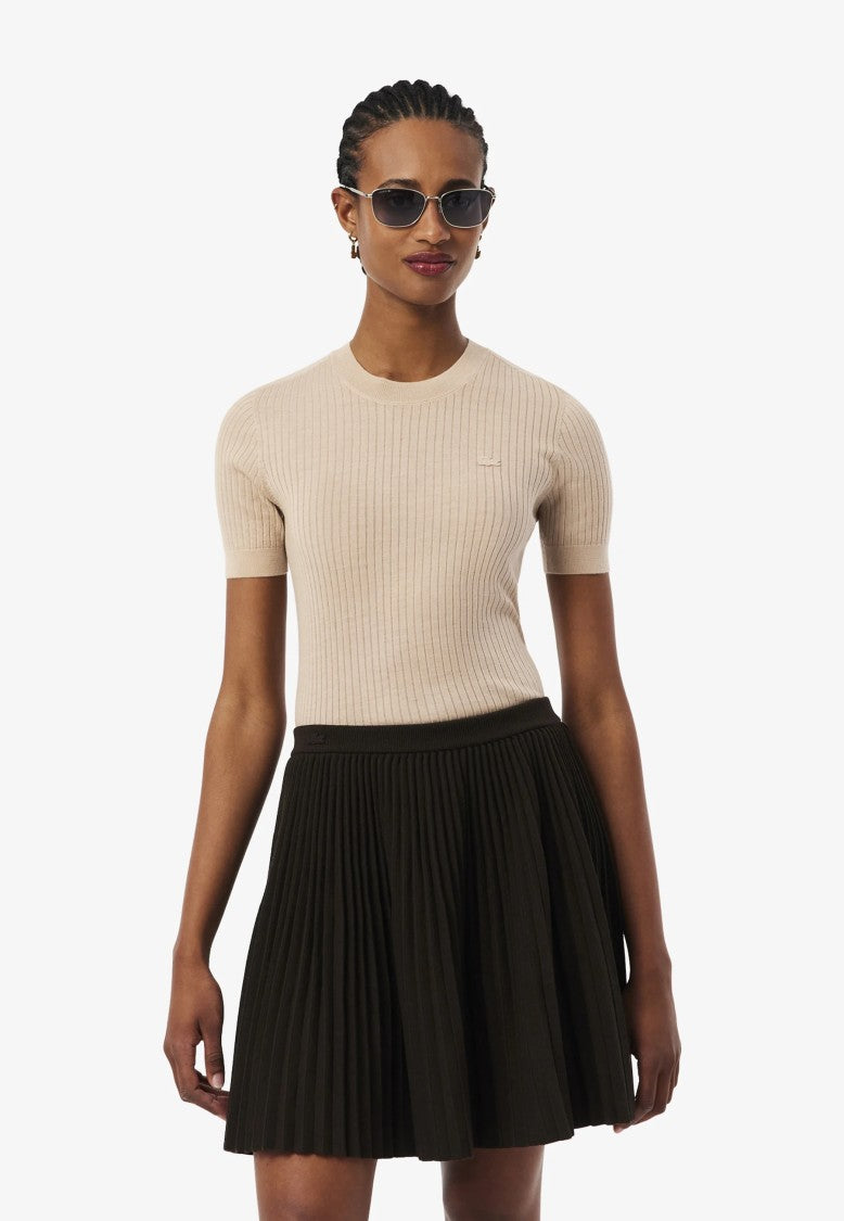 Lacoste Beige Short Sleeve Ribbed Knit Top