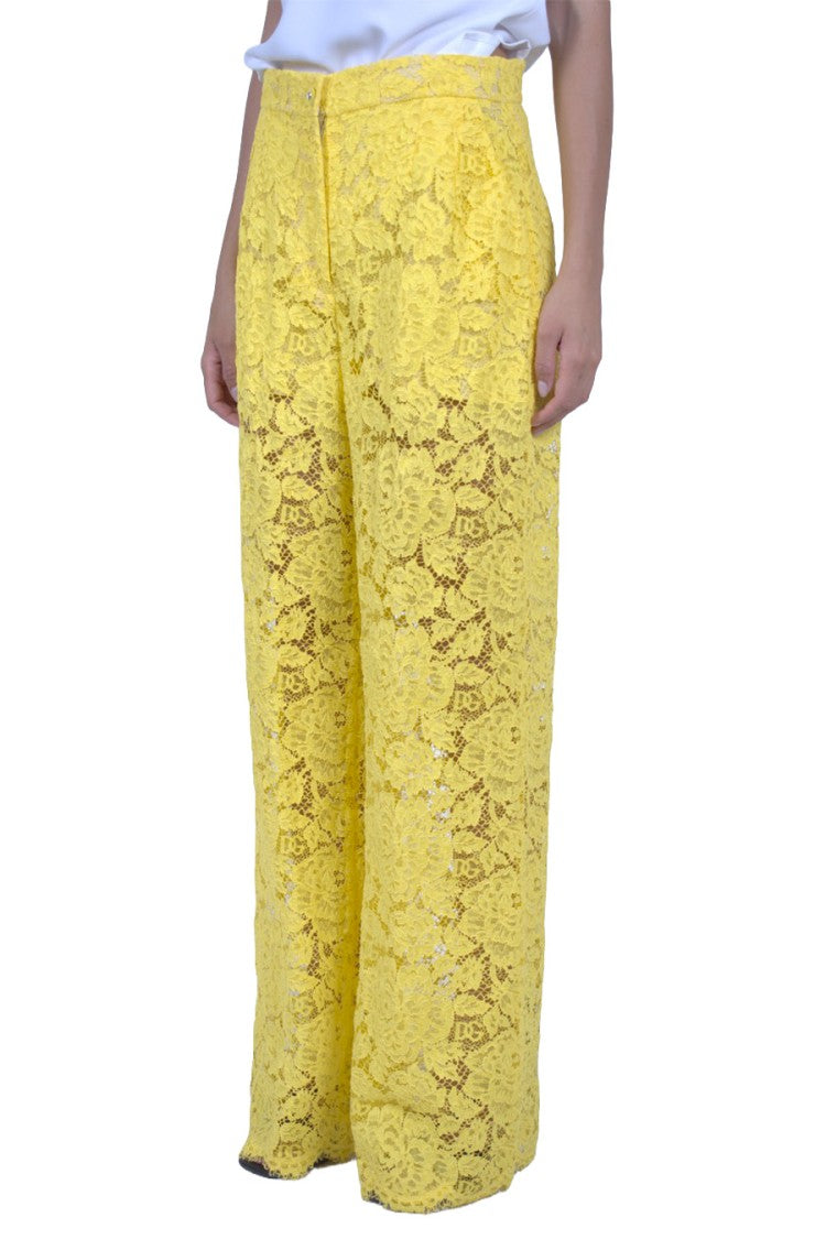 Dolce & Gabbana Yellow Floral Lace Wide-Leg Viscose-Blend Pants