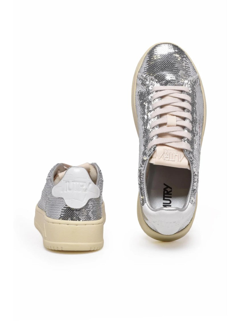 Autry Silver Sequin Leather Low-Top Sneakers