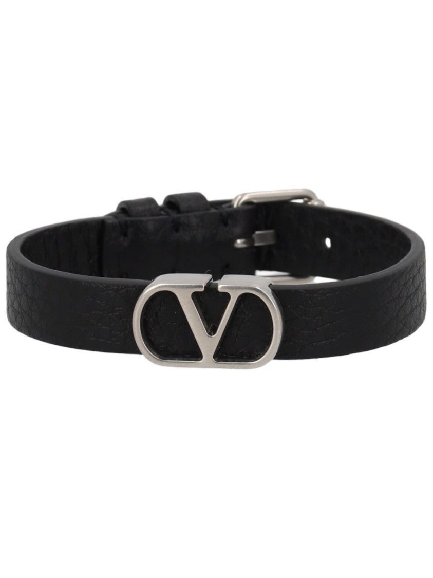 Valentino Garavani Vlogo Signature Textured Black Leather Bracelet