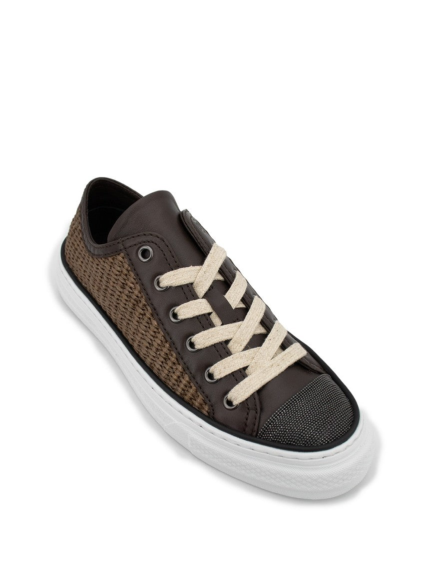 Brunello Cucinelli Woven Raffia And Leather Sneakers With Lace-Up Closure