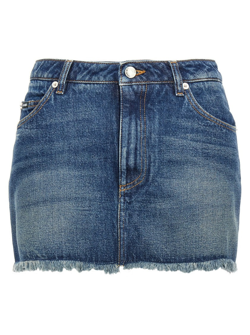 Dolce & Gabbana Fringed Hem Denim Mini Skirt