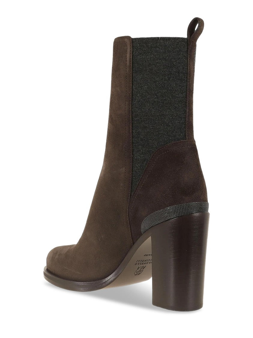 Brunello Cucinelli Dark Brown Elastic Suede Ankle Boots