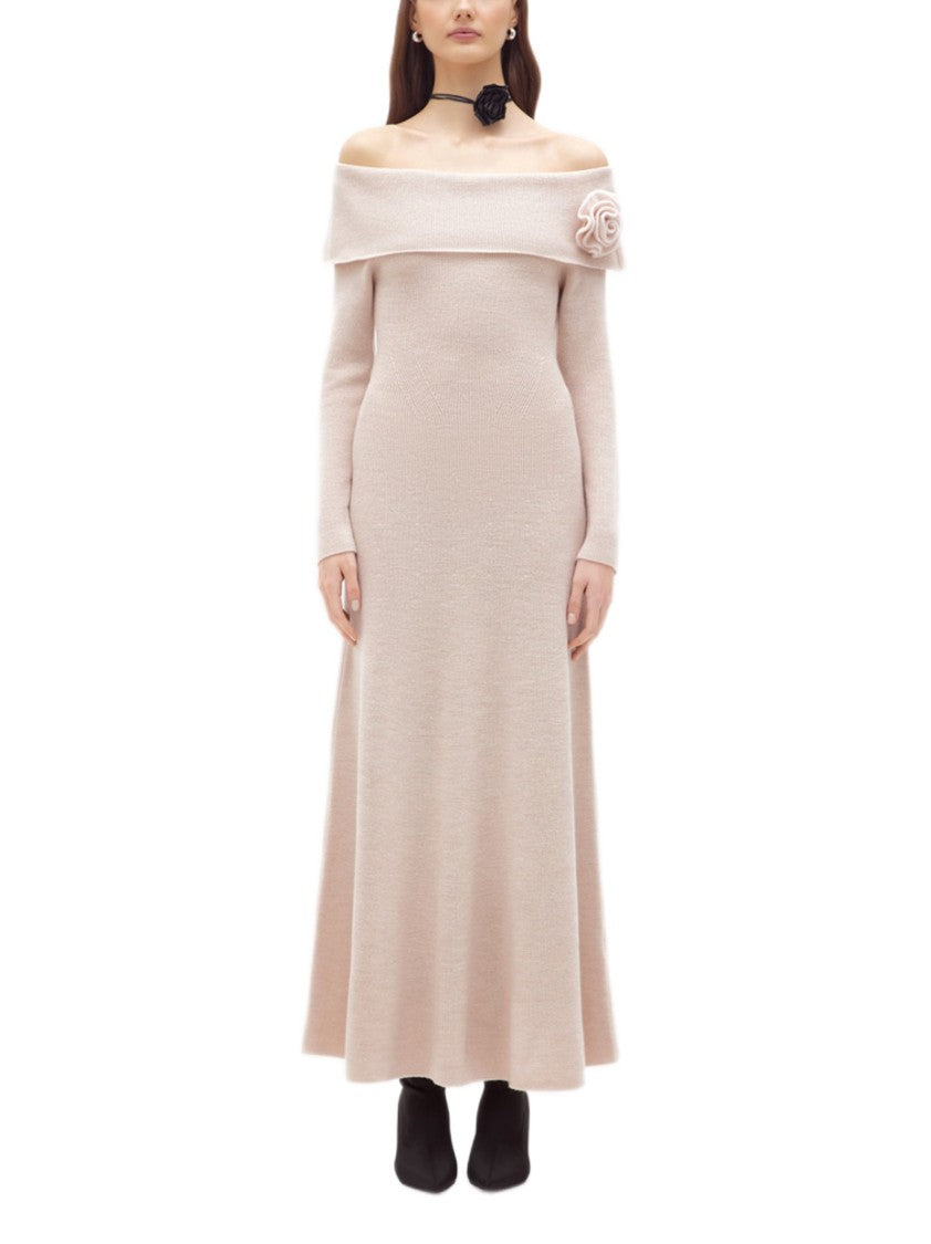 Blugirl Fitted Knit Maxi Dress With Off-Shoulder Neckline And Removable Brooch